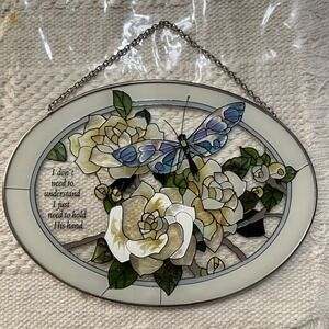 Joan Baker Design Hand Painted Glass Hanging Window Art Butterfly Gardenias